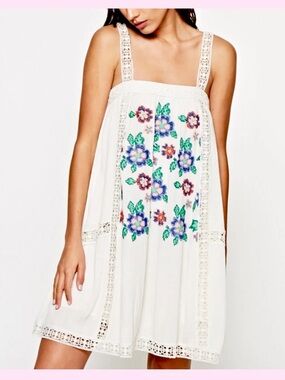 Strappy Embroidered Tank Dress w/ Floral Crochet Detailing - Beige - Size S